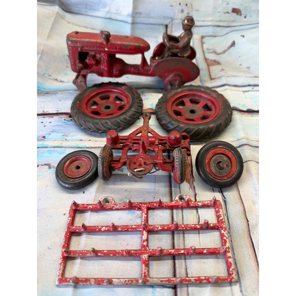 Vintage Arcade Cast Iron "Farmall" Style Tractor with Harrow and  Tire Set